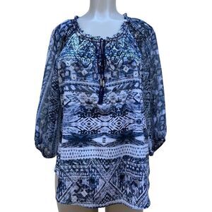 NWOT Dress Barn Tunic Blouse Women's Large Blue Aztec Tassel Tie 3/4 Sleeve
